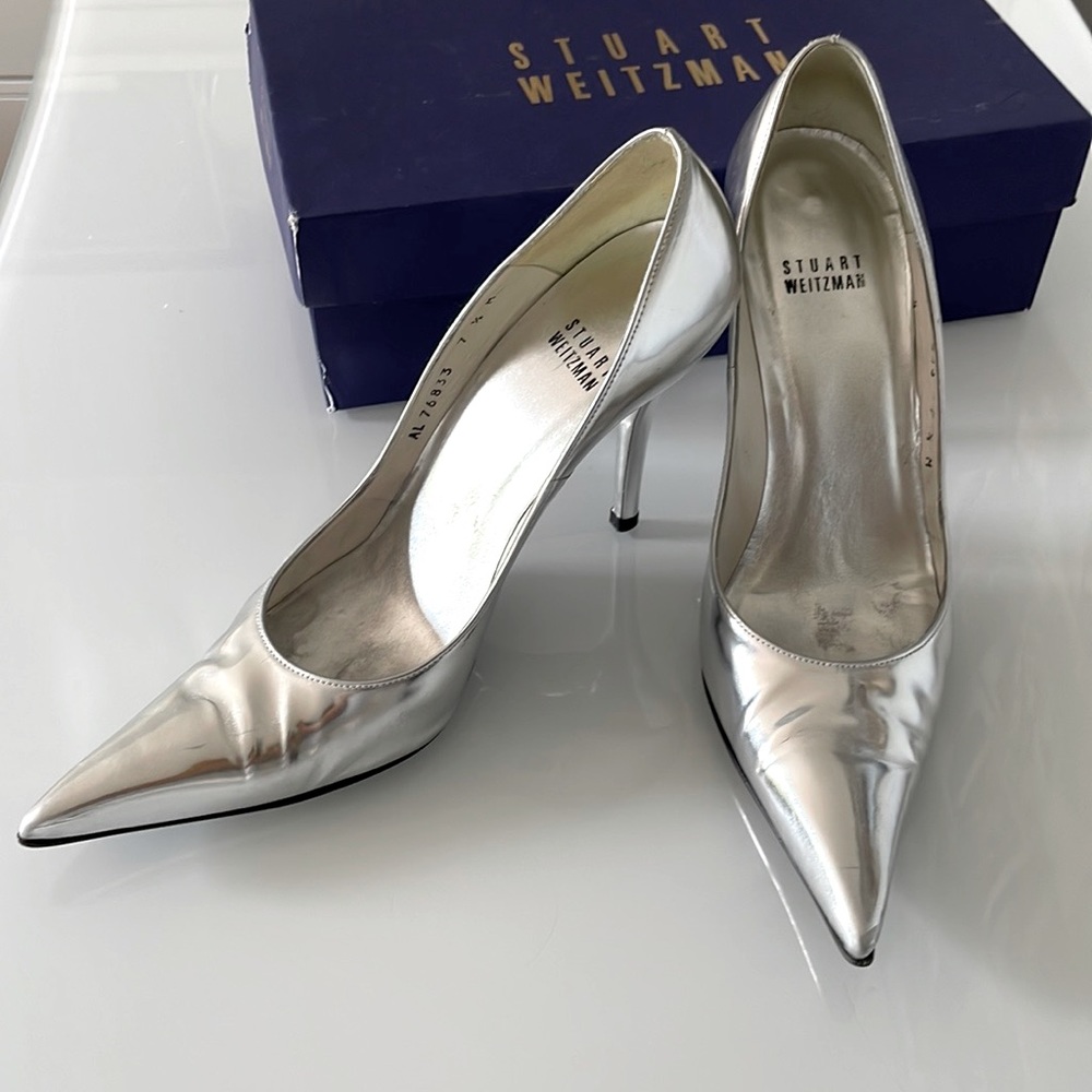 🇪🇸  Stuart Weitzman Naughty Silver 
Specchio Pumps/Stilettos, Size 7 ½ M
